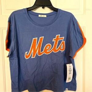 NY Mets 47 Brand Short Sleeve Woman’s Crop Top Orange Edge Sleeves Large NWT
